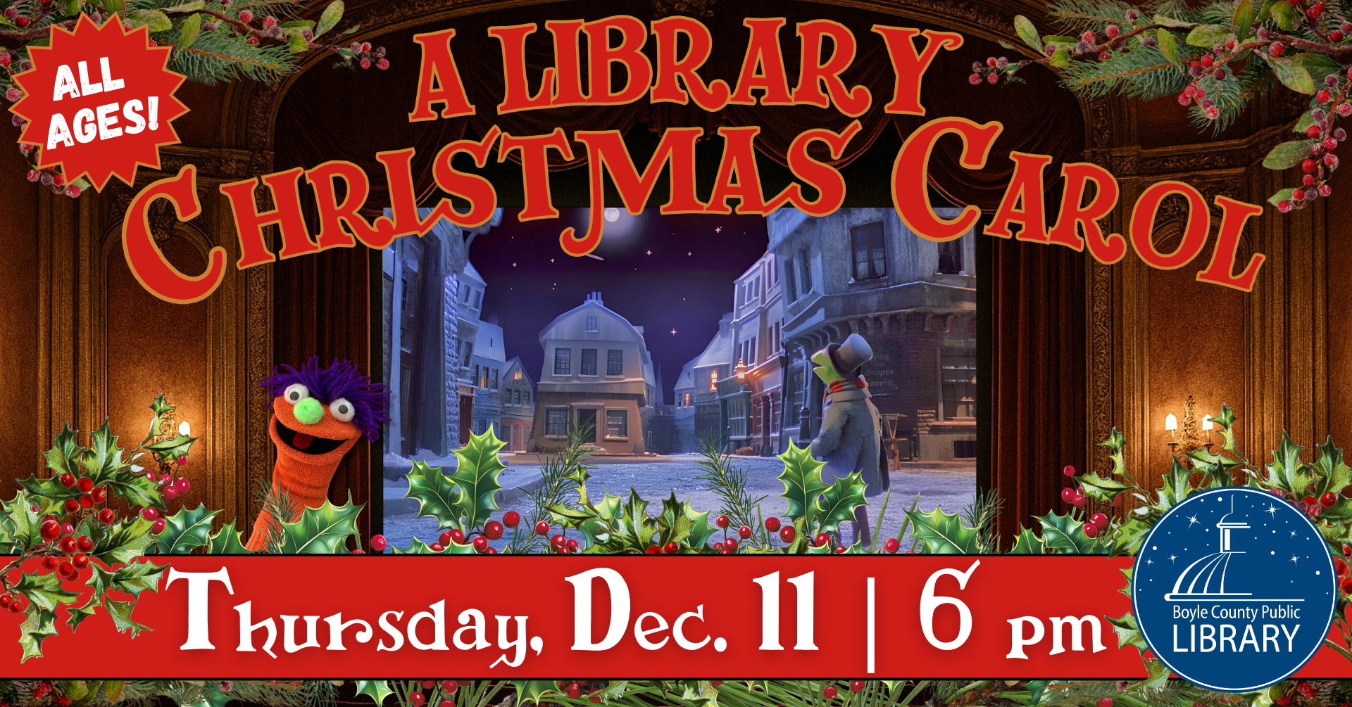 A Library Christmas Carol on Thursday December 11 from 6 to 8 PM