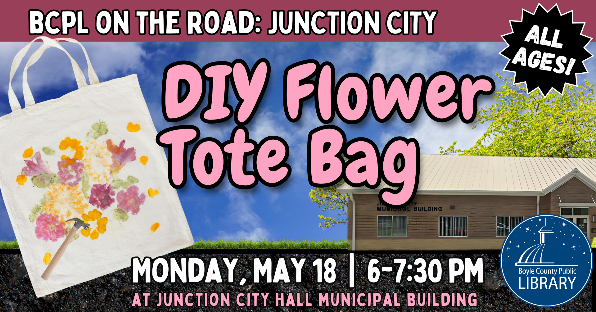 BCPL On the Road - Junction City - DIY Flower Tote Bags on May 18 at 6 PM at Junction City Hall All Ages