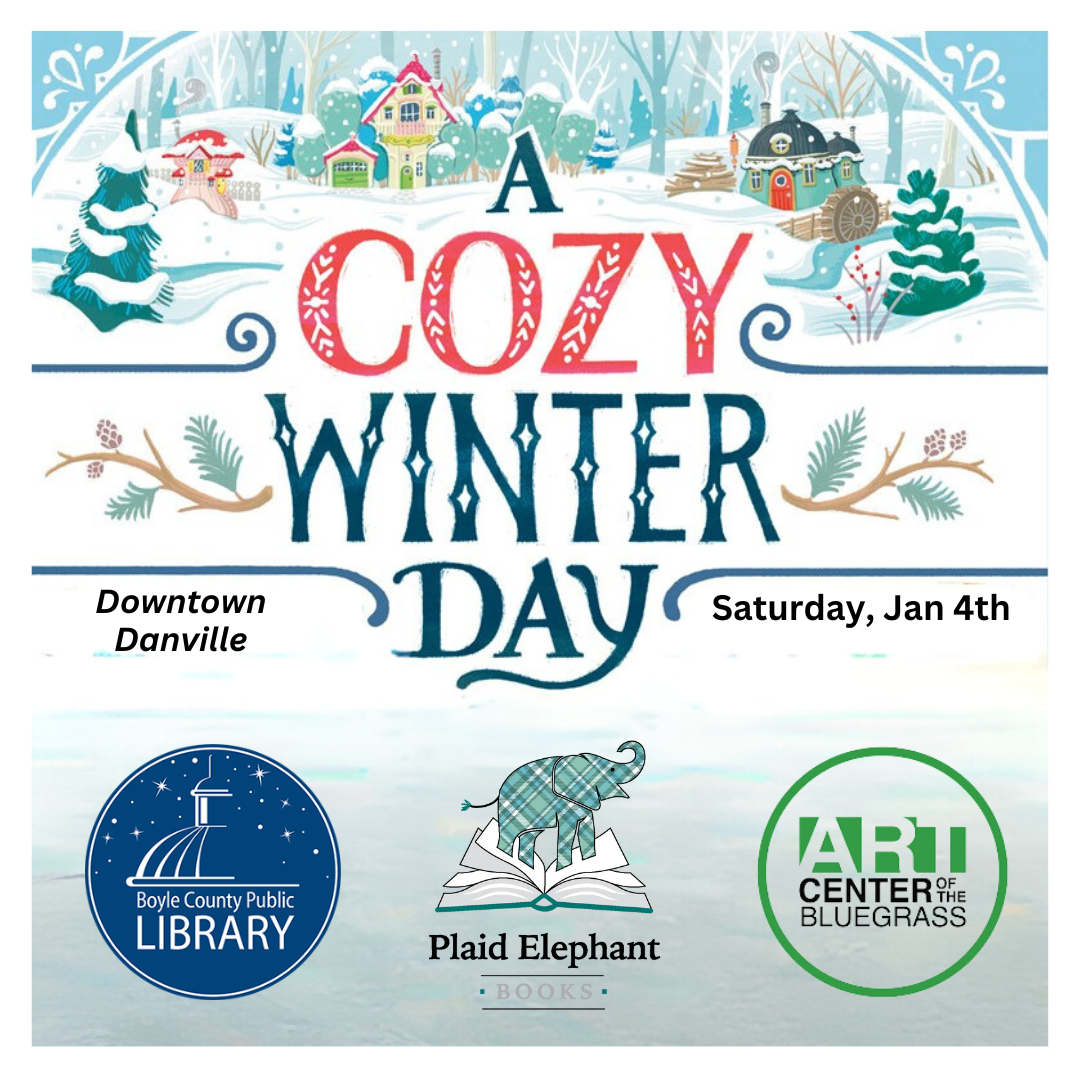 Logo for Cozy Winter Day event. Logos for Plaid Elephant, Arts Center and Boyle County Public Librar