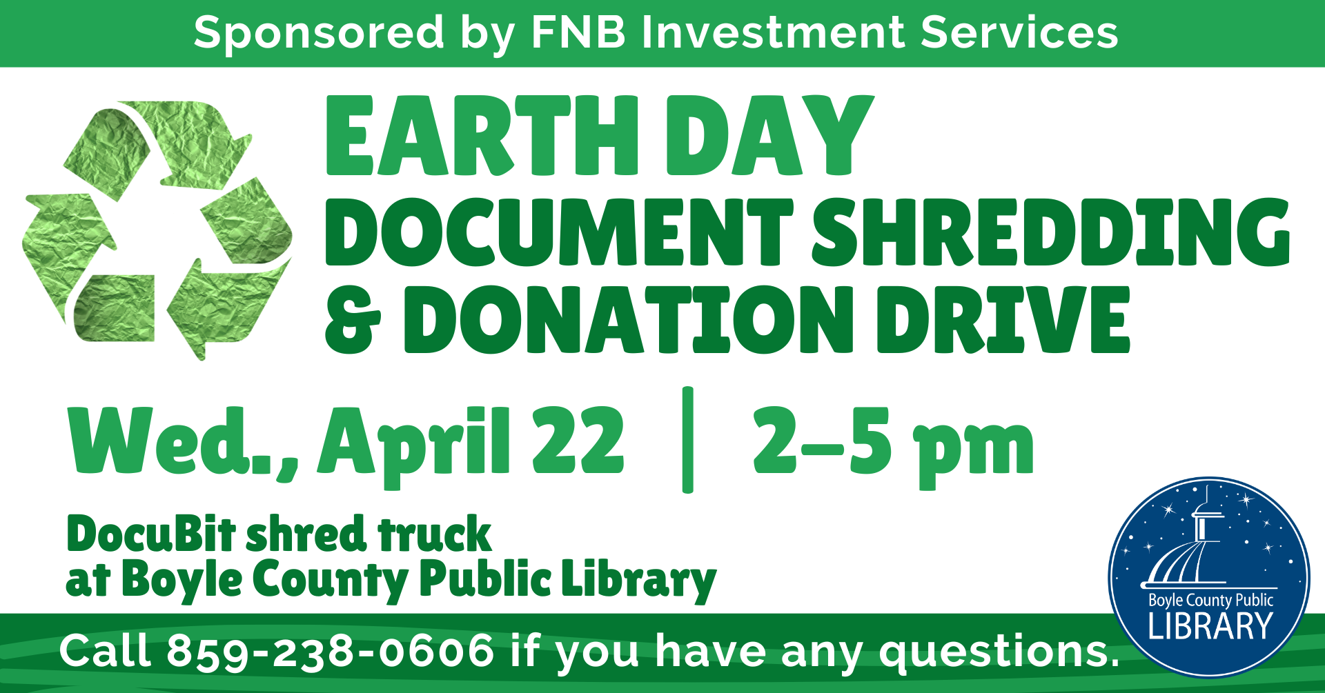 Document Shredding Event on April 22 from 2 to 5 PM sponsored by FNB Investment Services