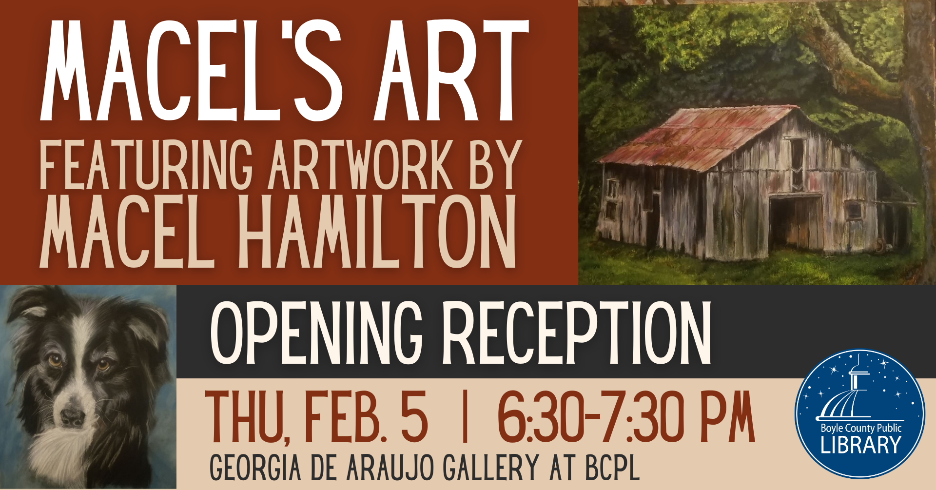 Macel Hamilton Art Exhibit Opening Reception on February 5 at 6:30 PM