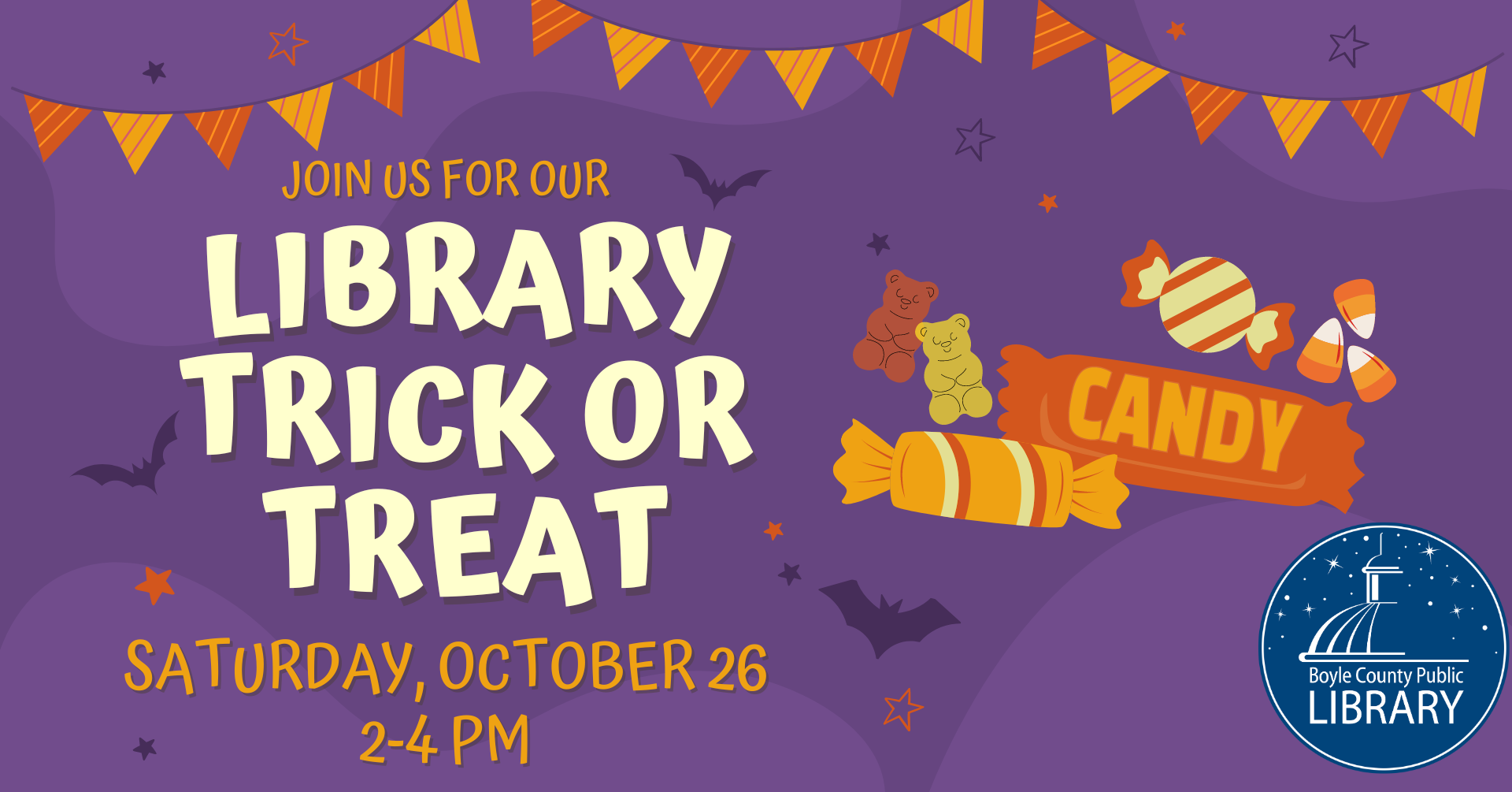 Library Trick or Treat - Sat October 26 from 2-4 PM