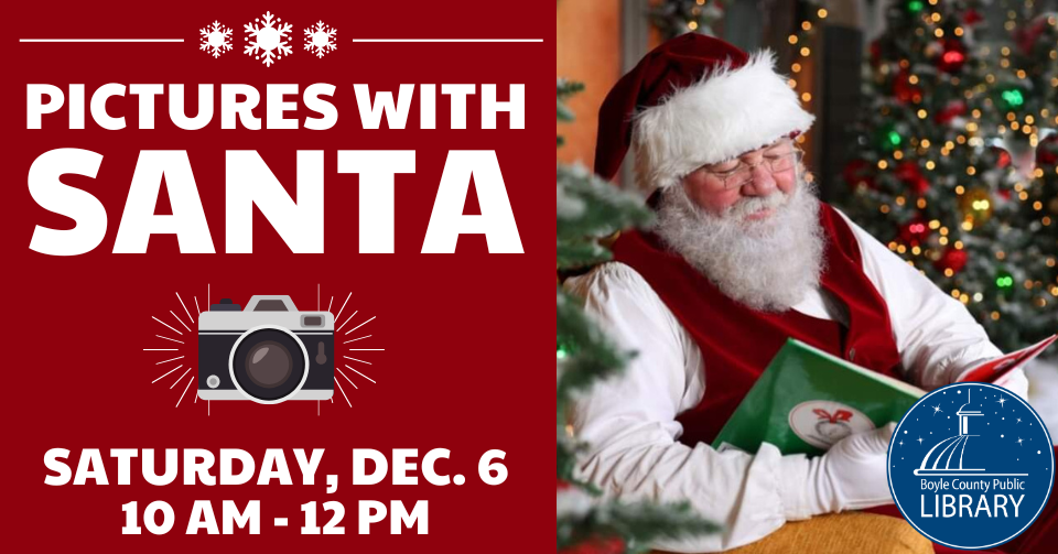 Pictures with Santa on Saturday December 6 from 10 AM to 12 PM at the library image of Santa reading a book