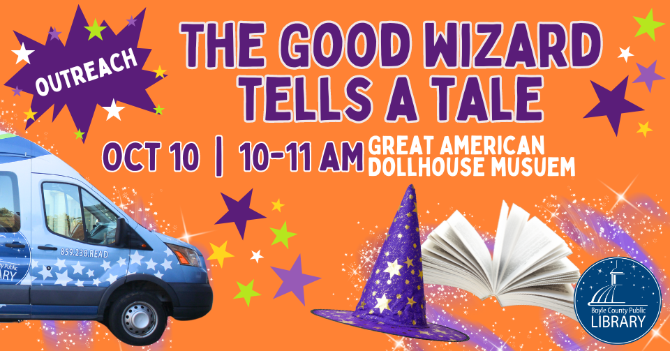 Good Wizard Tells a Tale Outreach event Oct 11 at 10 AM at Great American Dollhouse Museum picture of bookmobile open book and wizard hat