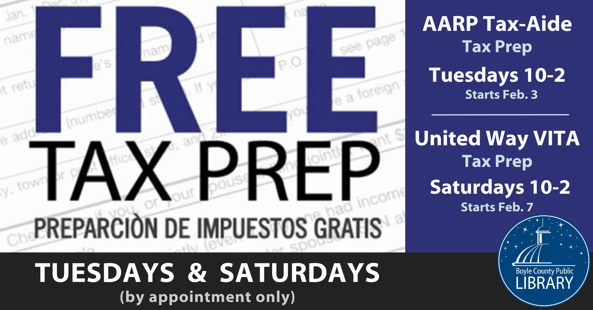 Image that states there is free Tax Prep at the Boyle County Public Library on Tuesday and Saturdays from 10 AM to 2 PM by appointment only. 