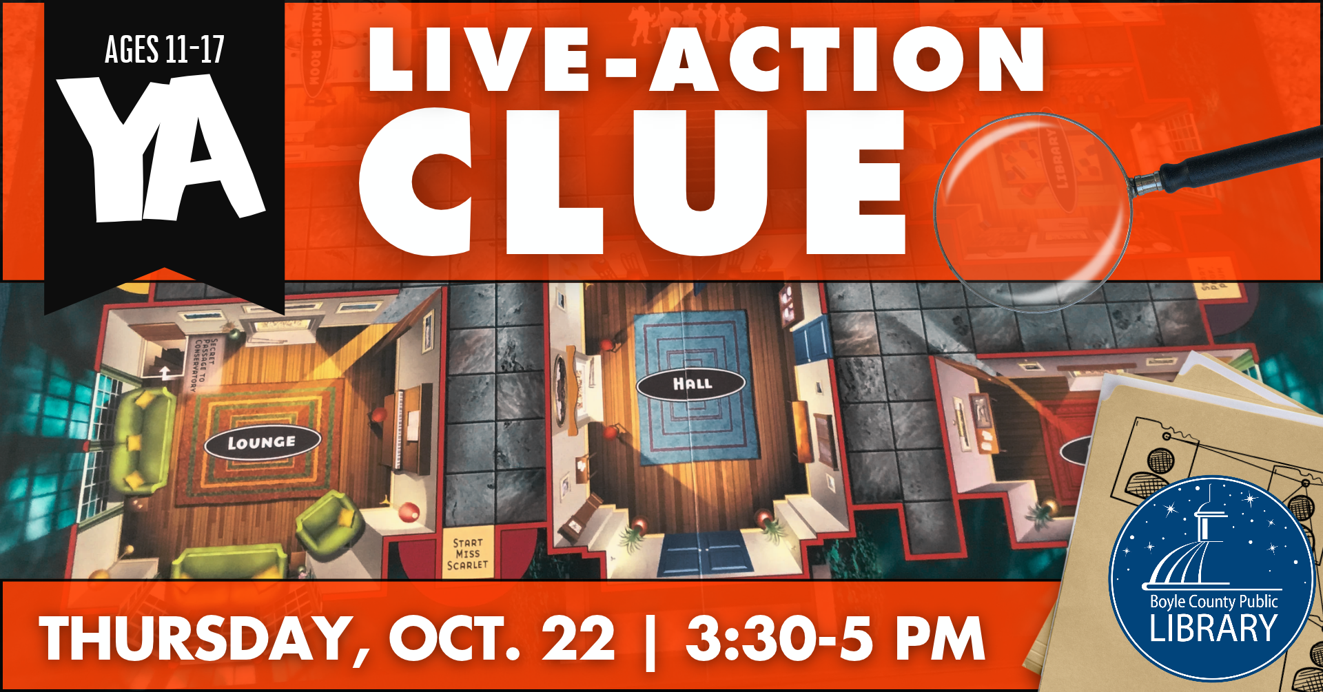 YA Live-Action Clue on October 22 from 3:30-5 PM ages 11-17